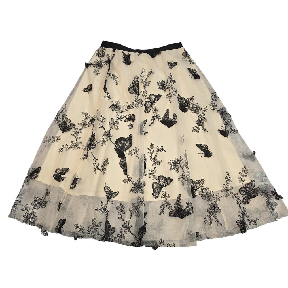 Chicwish Skirt Womens L/XL Cream Black Butterfly Tulle Midi Coquette Balletcore
